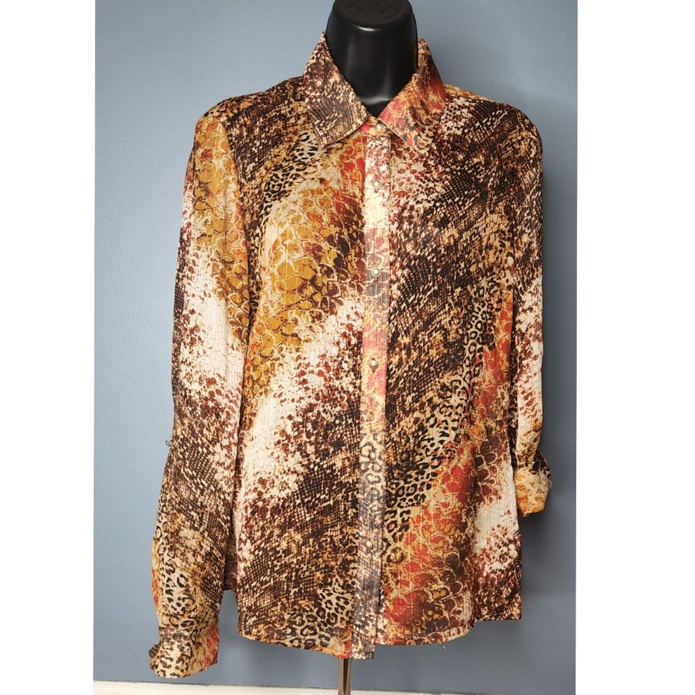 ERIC SIGNATURE METALLIC SHEER LEOPARD LS BUTTON UP BLOUSE - SIZE 8